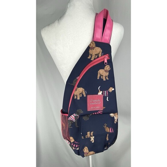 Simply Southern Bag Sling Shoulder Bag Dog Print Backpack Crossbody Navy Pink - Picture 1 of 10